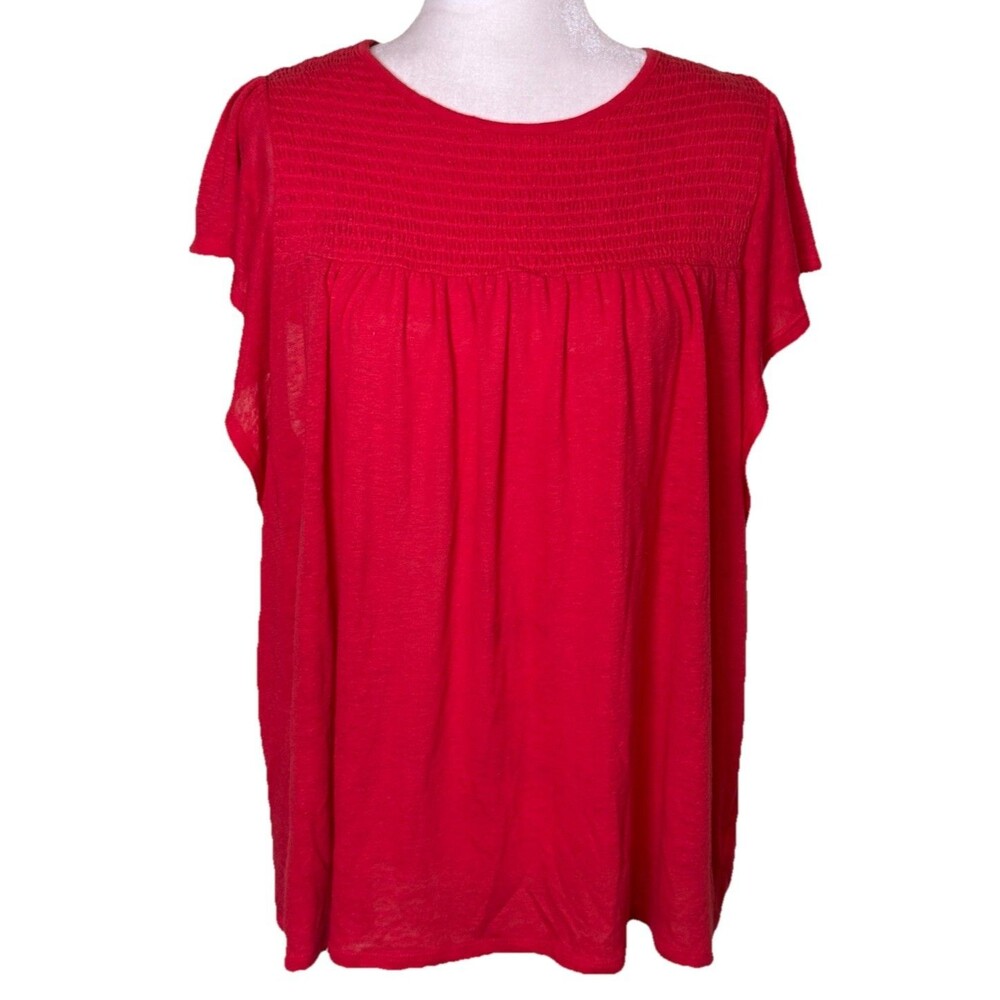 Women's Red Linen Blend Boho Smocked Yoke Babydoll Drapey Tunic Top Size XXL